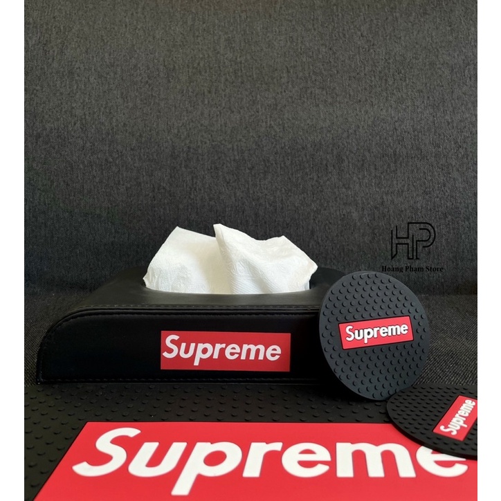 Set phụ kiện đồ chơi SUPREME đen dành cho ô tô xe hơi - gối tựa , chăn , hộp đựng giấy ăn , lót cốc , thảm taplo SUPREME