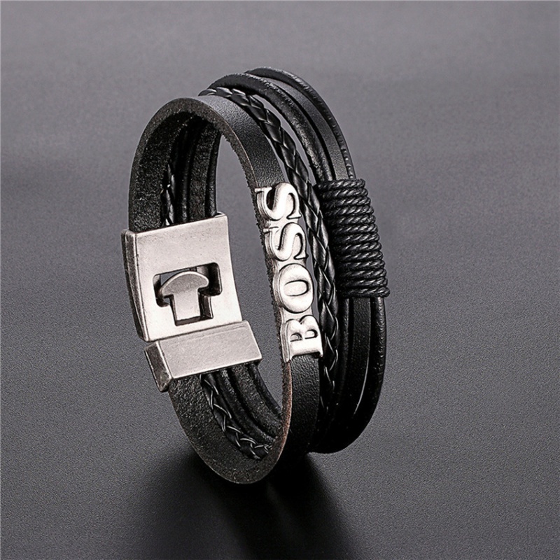 Vòng Tay Da Nhiều Lớp Mặt Chữ Boss Phong Cách Retro