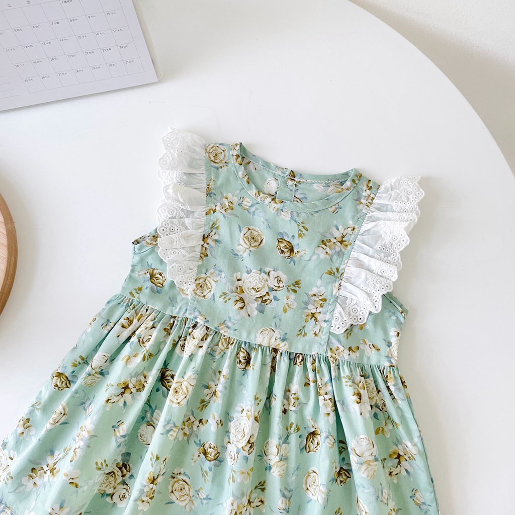 Đầm công chúa Sanlutoz không tay vải cotton phối ren hoa thời trang hè dễ thương cho bé gái sơ sinh