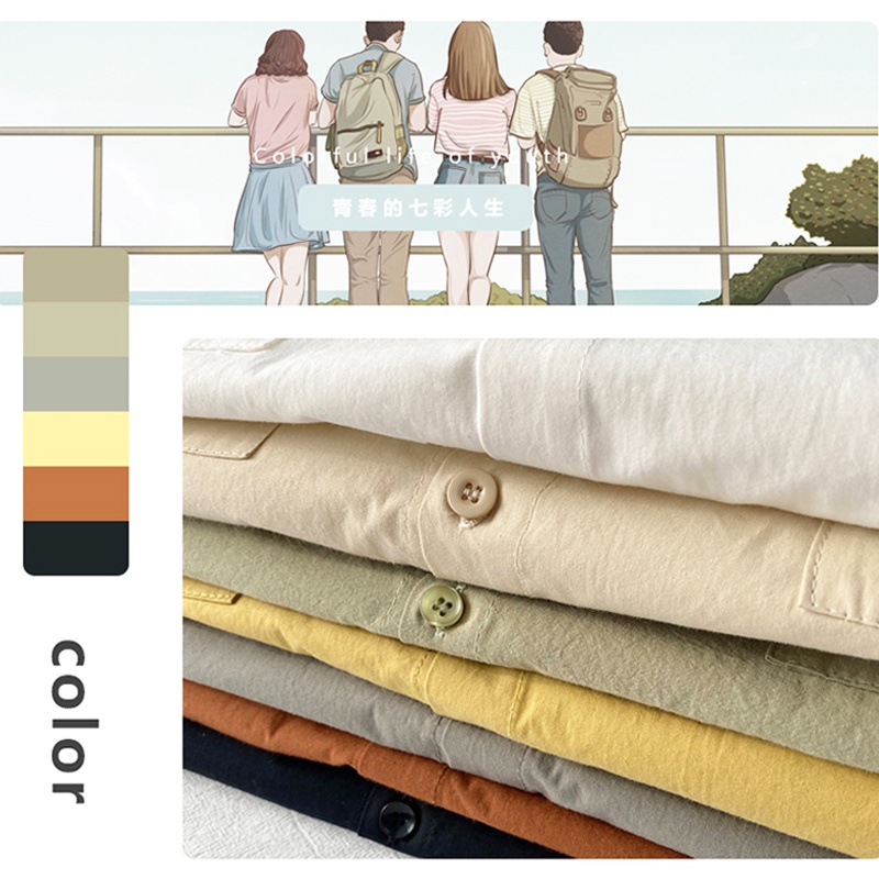Áo sơ mi tay ngắn cổ bẻ màu trơn dáng rộng thời trang Hàn Quốc cho nam