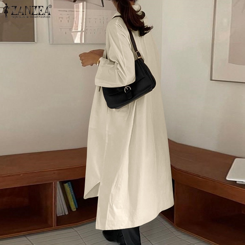 Đầm maxi ZANZEA cổ lật dài nút dáng rộng màu trơn phong cách vintage dành cho nữ