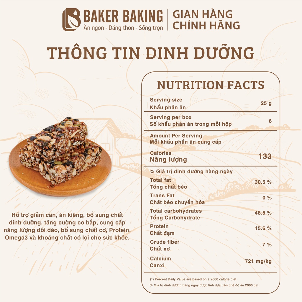 Thanh gạo lứt rong biển Baker Baking không đường, thanh ngũ cốc 70% hạt, 30% gạo lứt tiện lợi cho người ăn kiêng