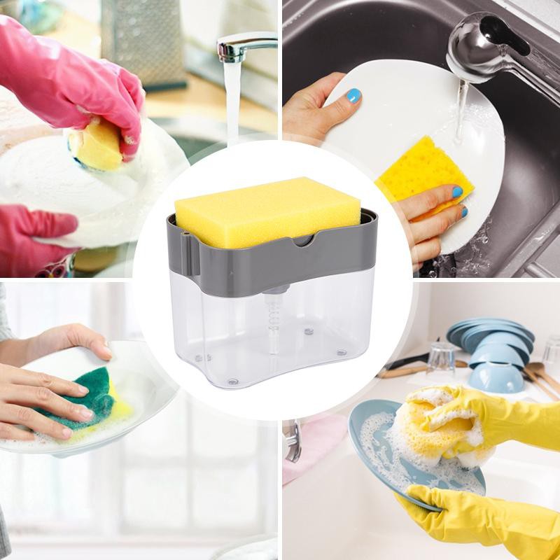Bình Đựng Xà Phòng Dạng Nhấn Tay Kèm Mút Rửa Chén Tiện Dụng Cho Nhà Bếp