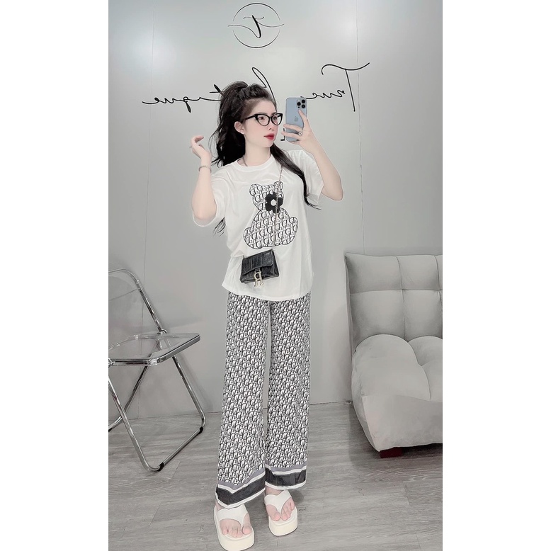 [10.10 Sale Freeship] Set bộ đồ mặc nhà, Set bộ thun tay ngắn hình gấu kèm quần dáng dài ống rộng thoải mái năng động