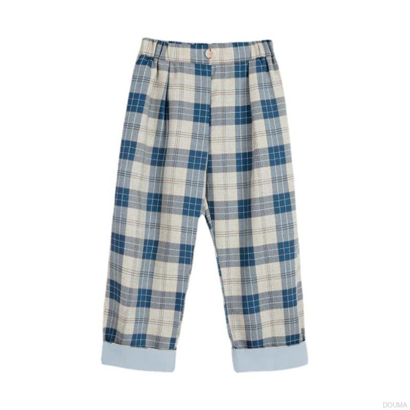 Quần dài lưng thun ống rộng họa tiết sọc caro phong cách Hàn quốc