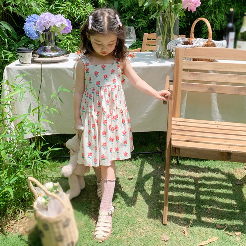 Đầm Hai Dây Họa Tiết Hoa Thời Trang Mùa Hè Hàn Quốc Cho Bé Gái