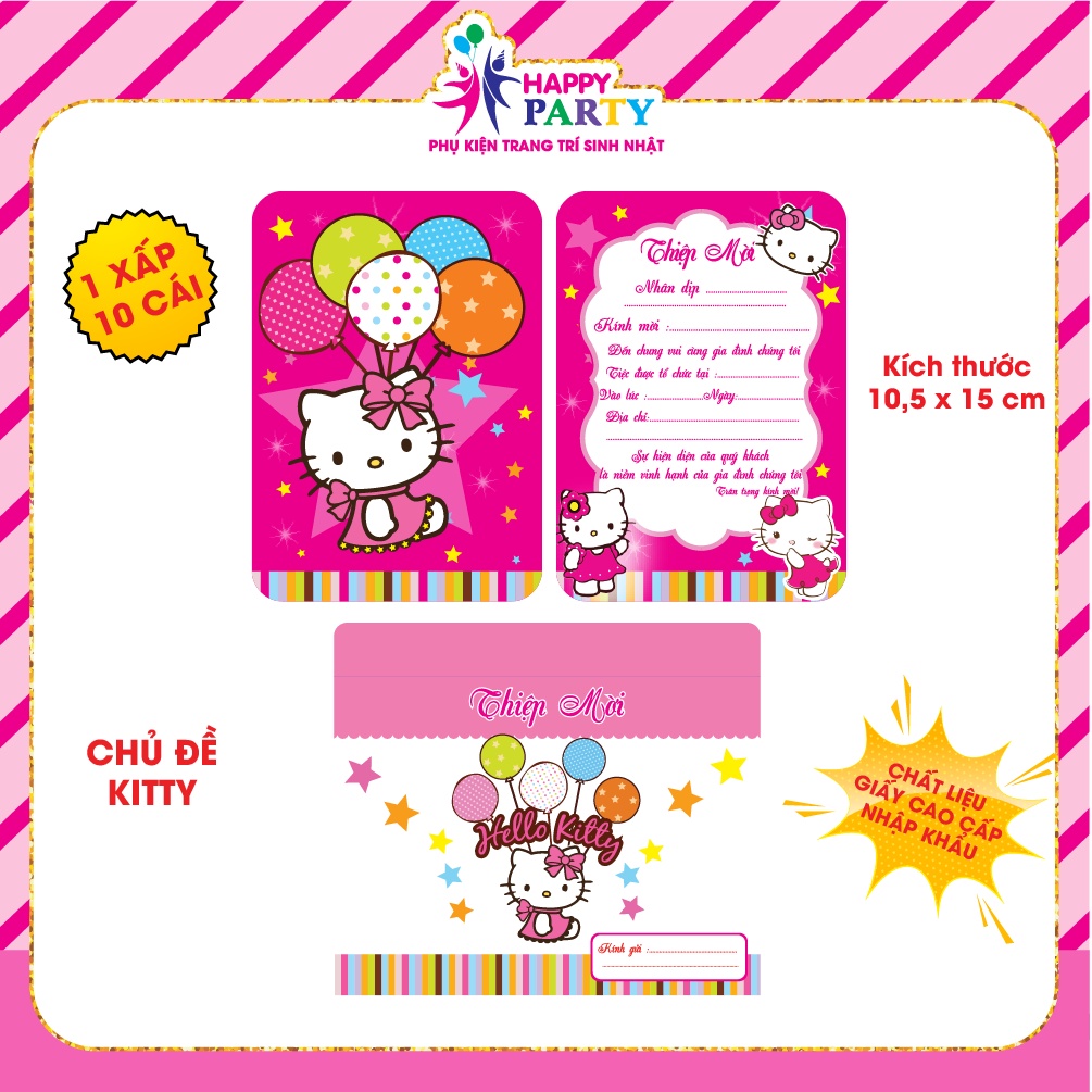 Thiệp sinh nhật, thiệp mời thôi nôi cao cấp cho bé gái HAPPY PARTY giấy nhập khẩu cao cấp kt 10.5 x 15 cm