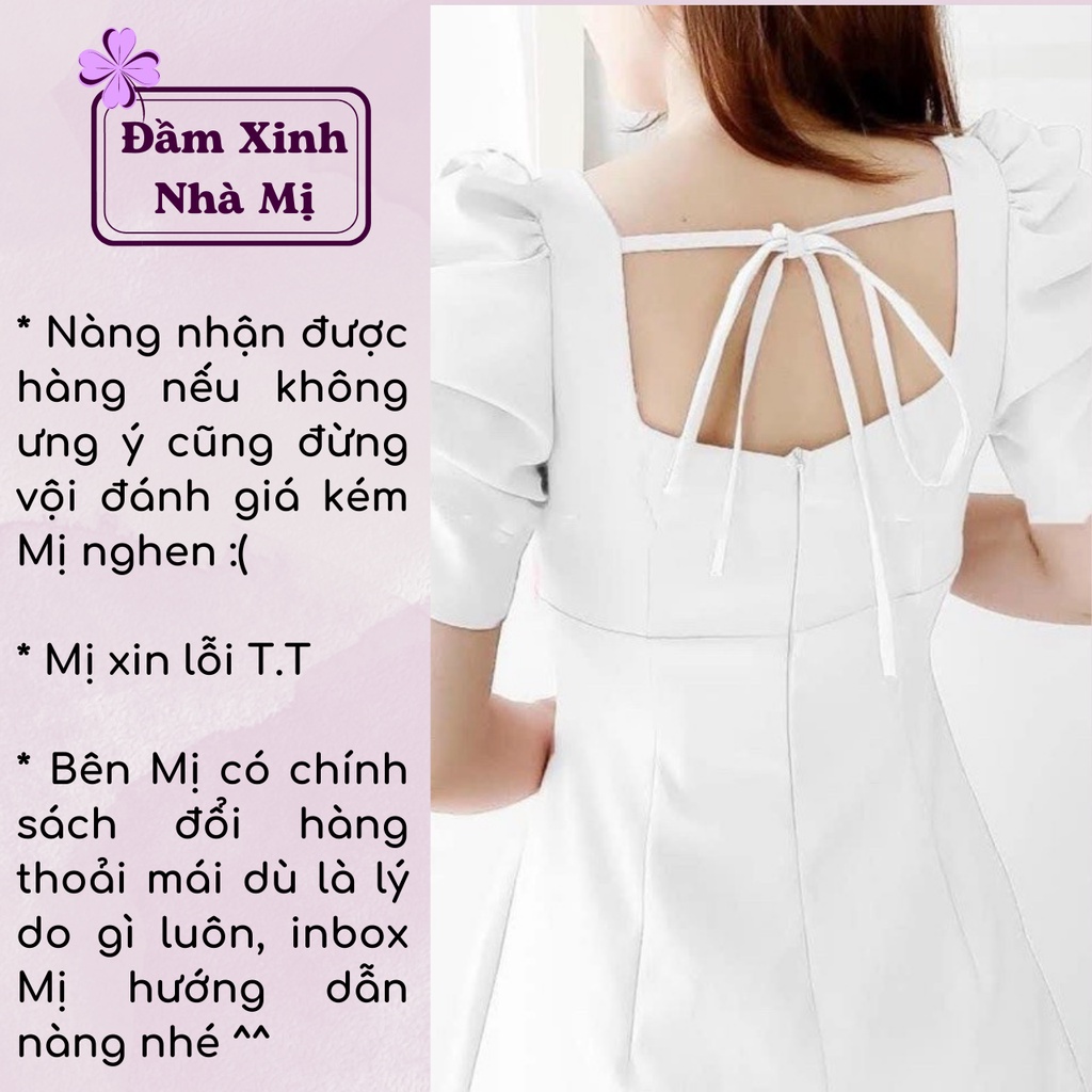 Đầm Dự Tiệc Tay Bồng Cổ Vuông Xếp Li  Đính Cúc Bọc Sang Trọng, Đầm Xòe Màu Đỏ Trắng Kem Cam Đất Xanh Vàng
