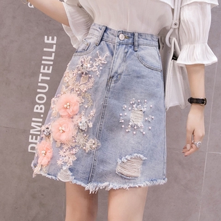 Chân váy denim thêu hoa thời trang cho nữ