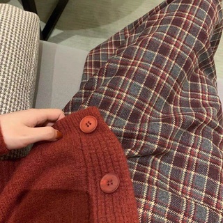 (HÀNG SẴN) Chân váy dạ kẻ sọc ô màu đỏ cạp cao dáng dài bút chì style vintage