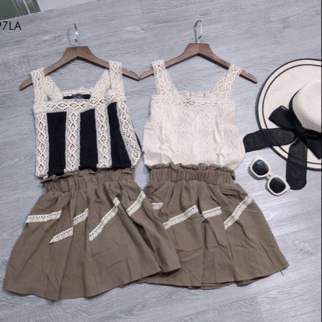 Sét quần culottes ren phối đũi