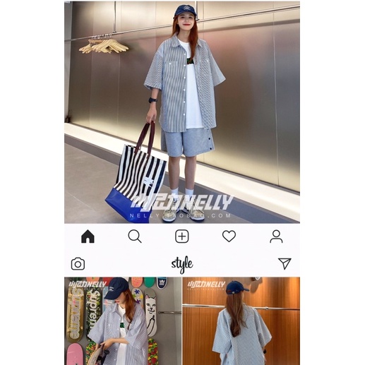 Áo sơ mi nelly sale (có sẵn) kaki xanh trắng sọc dọc