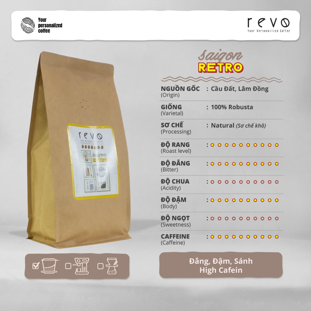 Cà Phê Rang Xay Nguyên Chất Revo Saigon Retro - 100% Robusta - Chuyên dùng pha phin - gói 500gr | BigBuy360 - bigbuy360.vn
