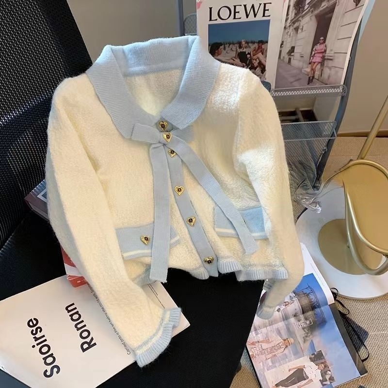 Xiaoxiangfeng Áo Khoác Cardigan Dệt Kim Tay Dài Thắt Nơ Phối Ren Phong Cách Phương Tây Thời Trang Mùa Thu Mới Dành Cho
