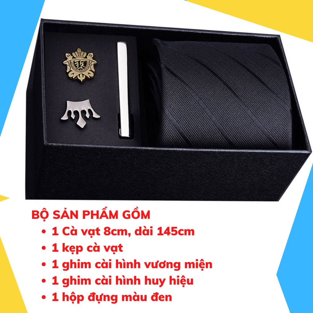 Set cà vạt bản to 8cm làm quà tặng cho Nam gồm cà vạt, kẹp cà vạt, ghim cài áo đóng hộp lịch sự CCV-18