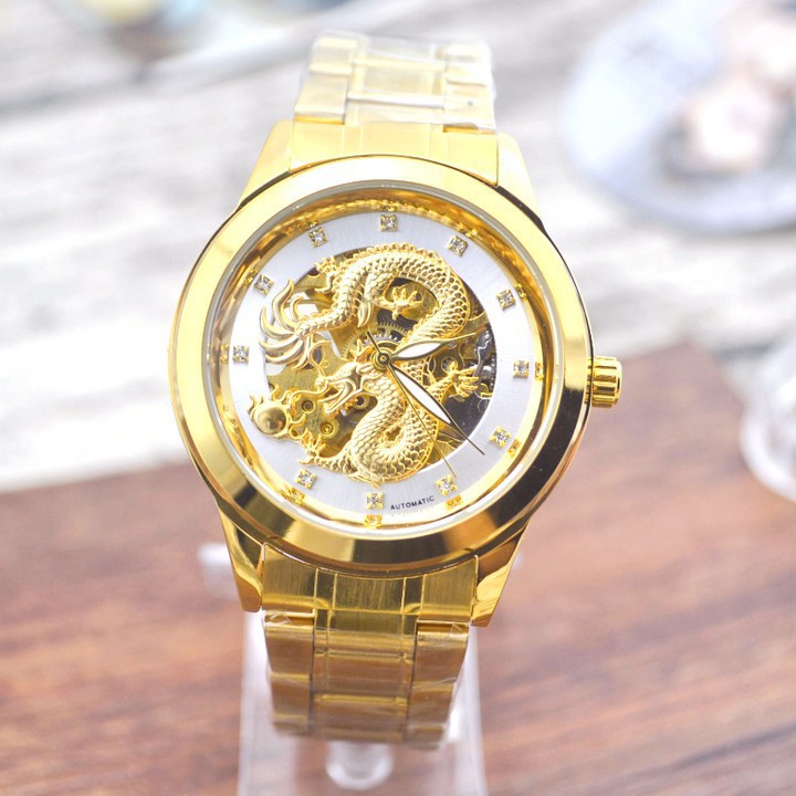 Đồng Hồ Cơ Nam nhãn hiệu MOHDNE Automatic Chạm Rồng 3D Lộ Máy Mạ Vàng Kim Loại Chống Nước Chống Xước