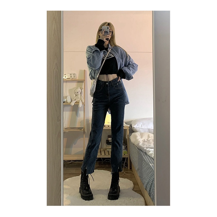 Quần Jean Dài Lưng Cao Dáng Rộng Xẻ Tà Thời Trang Mùa Thu Cho Nữ 2022