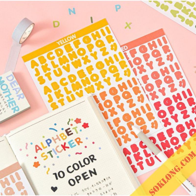 Sticker chữ cái alphabet dùng trang trí sổ, top loader, quà tặng ,freebies