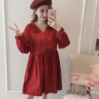 Đầm babydoll đỏ tay dài viền ren (kèm hình thật)