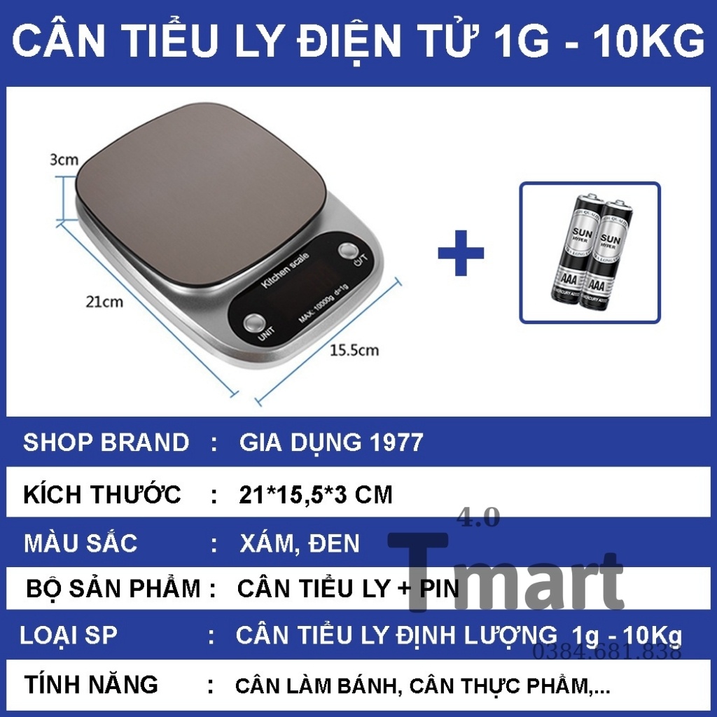 Cân tiểu ly điện tử nhà bếp mini định lượng 1g - 10kg, làm bánh độ chính xác cao - Tmart4.0