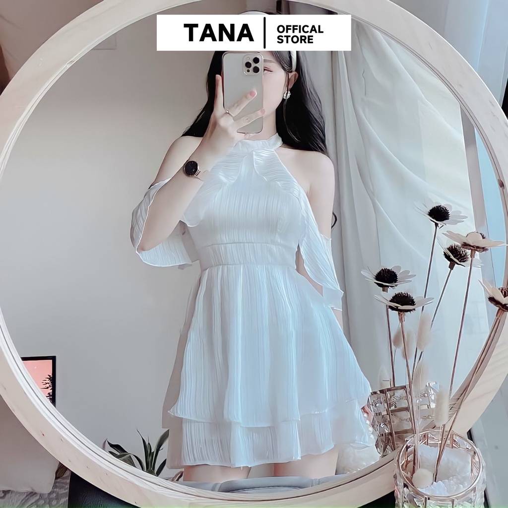 Váy đi tiệc TANA D0440 váy trắng sọc kim tuyến bèo cổ yếm vải sọc kim tuyến mặc đi tiệc, đi chơi