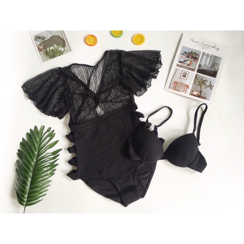 Bikini liền mảnh phối ren màu đen sang chảnh (tặng kèm áo bikini như hình) | BigBuy360 - bigbuy360.vn