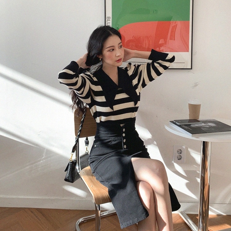 Áo sweater dệt kim SUXI tay dài kẻ sọc ngang thời trang cho nữ