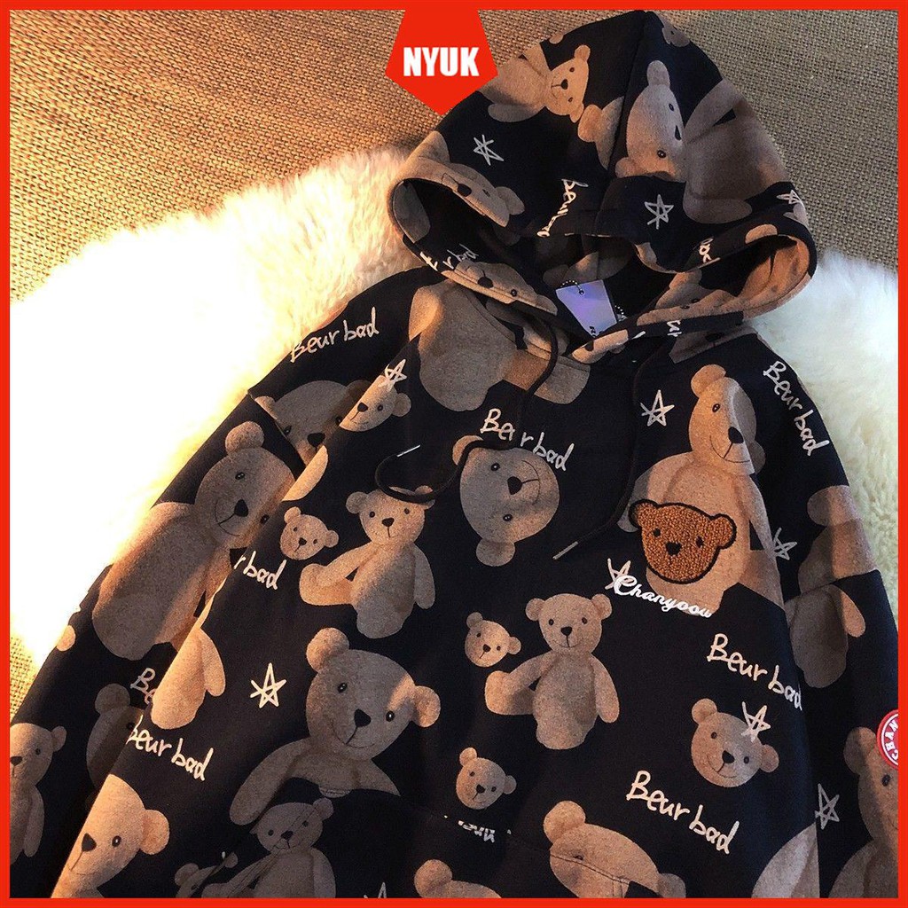 Áo Hoodie Dáng Rộng Dày Dặn Thêu Hình Gấu Dễ Thương Phong Cách Hàn Quốc