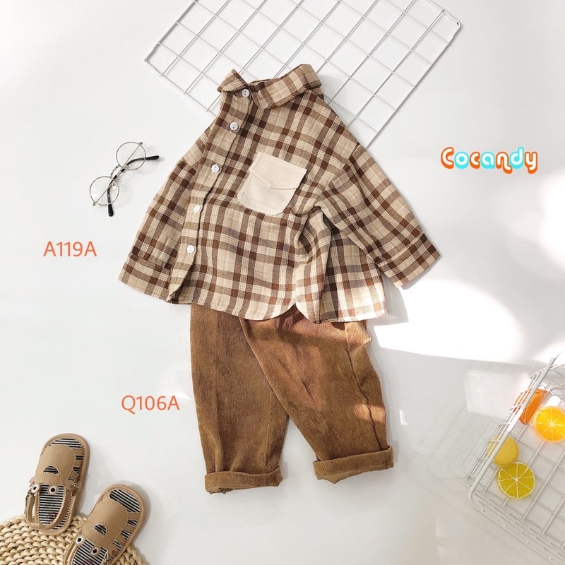 Áo sơ mi kẻ caro nâu phối túi be size 6-12m