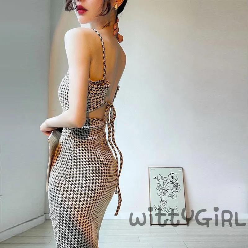 -Đầm Nữ Hai Dây Hở Lưng Buộc Dây Sợi Mì Xẻ Tà Gợi Cảm