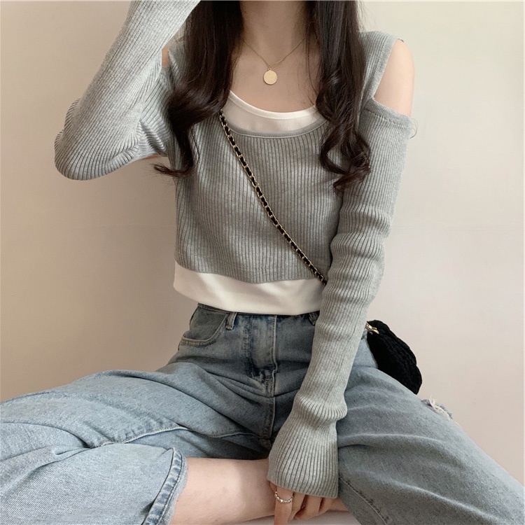 Áo dệt kim ZHELIHANGFEI tay dài trễ vai giả hai lớp phong cách thời trang cá tính cho nữ