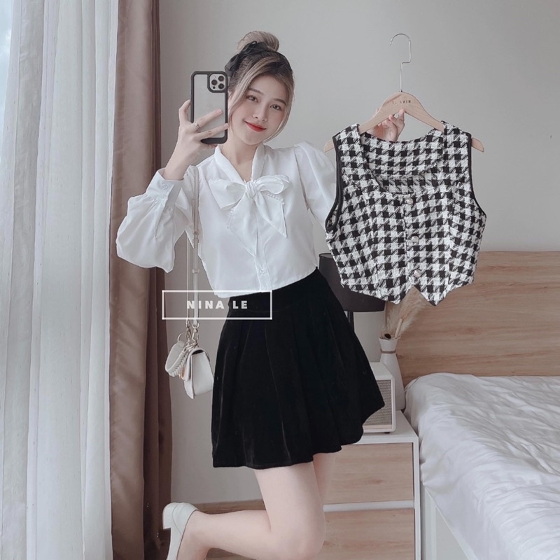Set áo gile( 2lớp) phối sơ mi kèm chân váy