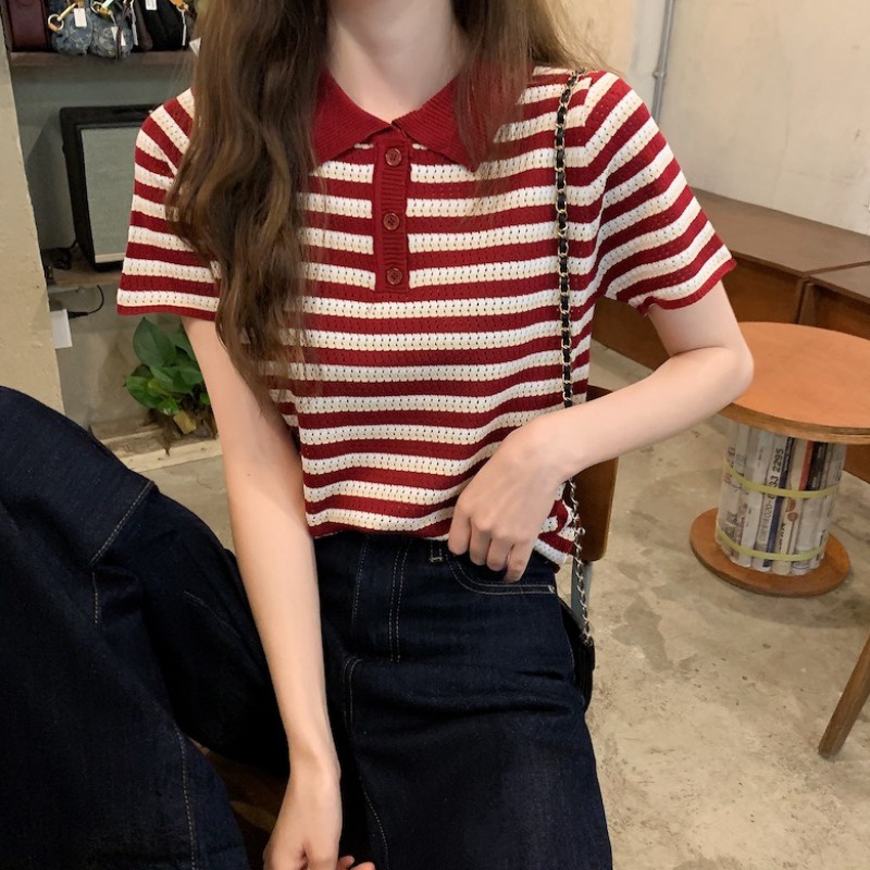 Porozi  Áo thun polo  tay ngắn dáng ôm kẻ sọc kiểu Hàn Quốc dễ thương cho nữ
