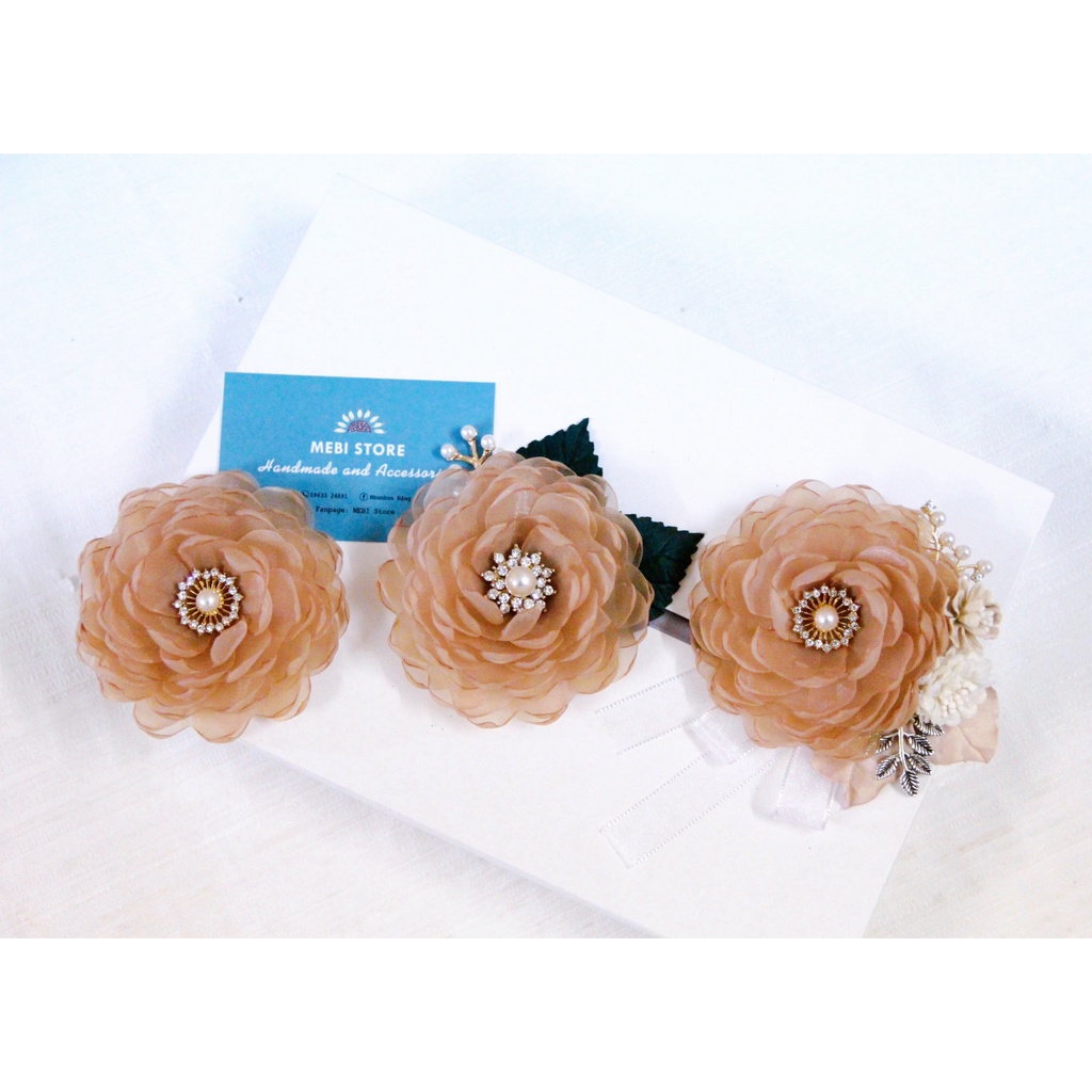 Hoa cài áo handmade MEBI Store mẫu voan tone nâu tây sang chảnh