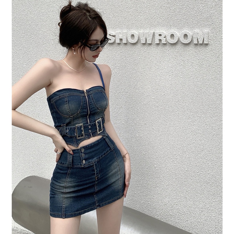Áo Ống Không Tay Kèm Chân Váy Denim Thời Trang Quyến Rũ Cho Nữ