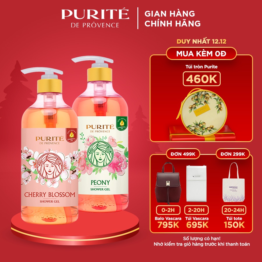 Combo 2 Sữa tắm Purité sáng mịn hoa anh đào 850ml + sữa tắm thư giãn hoa mẫu đơn 850ml