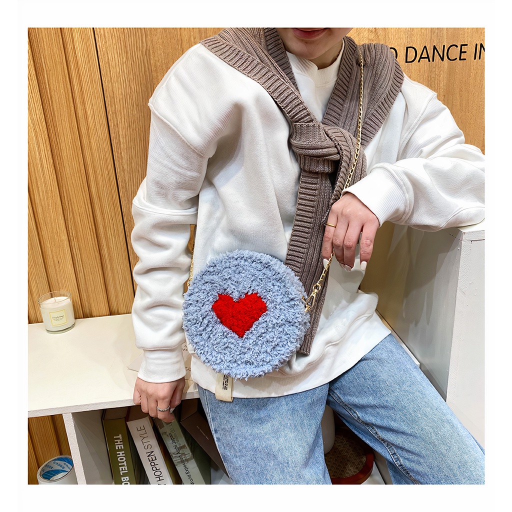 Túi len tự đan, túi đeo chéo hình tròn trái tim dễ thương cá tính - Bộ phụ kiện đầy đủ LX601