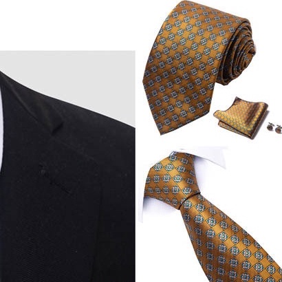 Bộ Cà vạt 4 món gồm Cavat 8cm, khăn cài túi, Măng-set, Nhẫn tròn phụ kiện sang trọng, Cravat chú rể, Calavat công sở