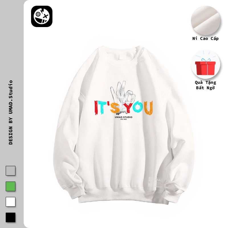 Áo sweater UMAD nỉ bông tay dài It's You form rộng Unisex nam nữ form rộng cho màu thu đông