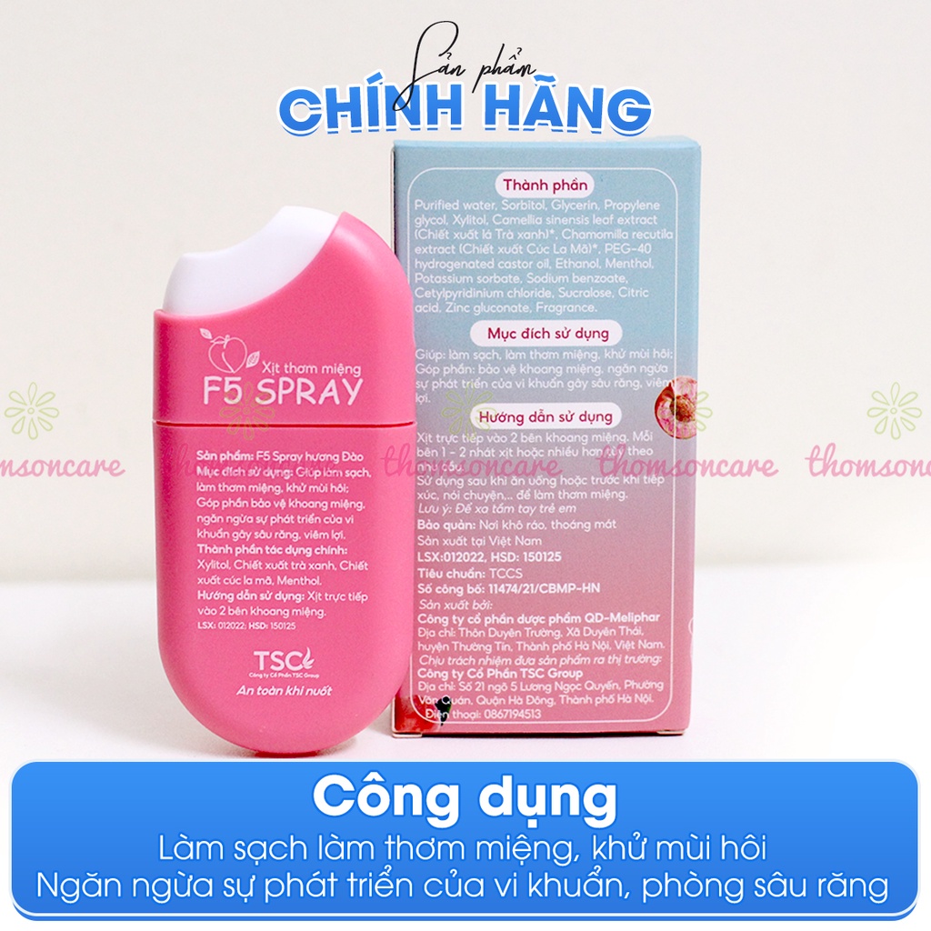 Sịt thơm miệng F5 Spray, giảm mùi hôi, ngừa sâu răng, tự tin khi giao tiếp hương vị đào, dâu, bạc hà