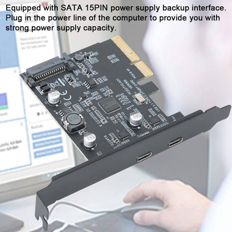 PCI-Express 4X to USB 3.1 Gen 2 (10 Gbps) 2-Port Type C Expansion Card ASM3142 ,Integrated SATA Power Supply Interface