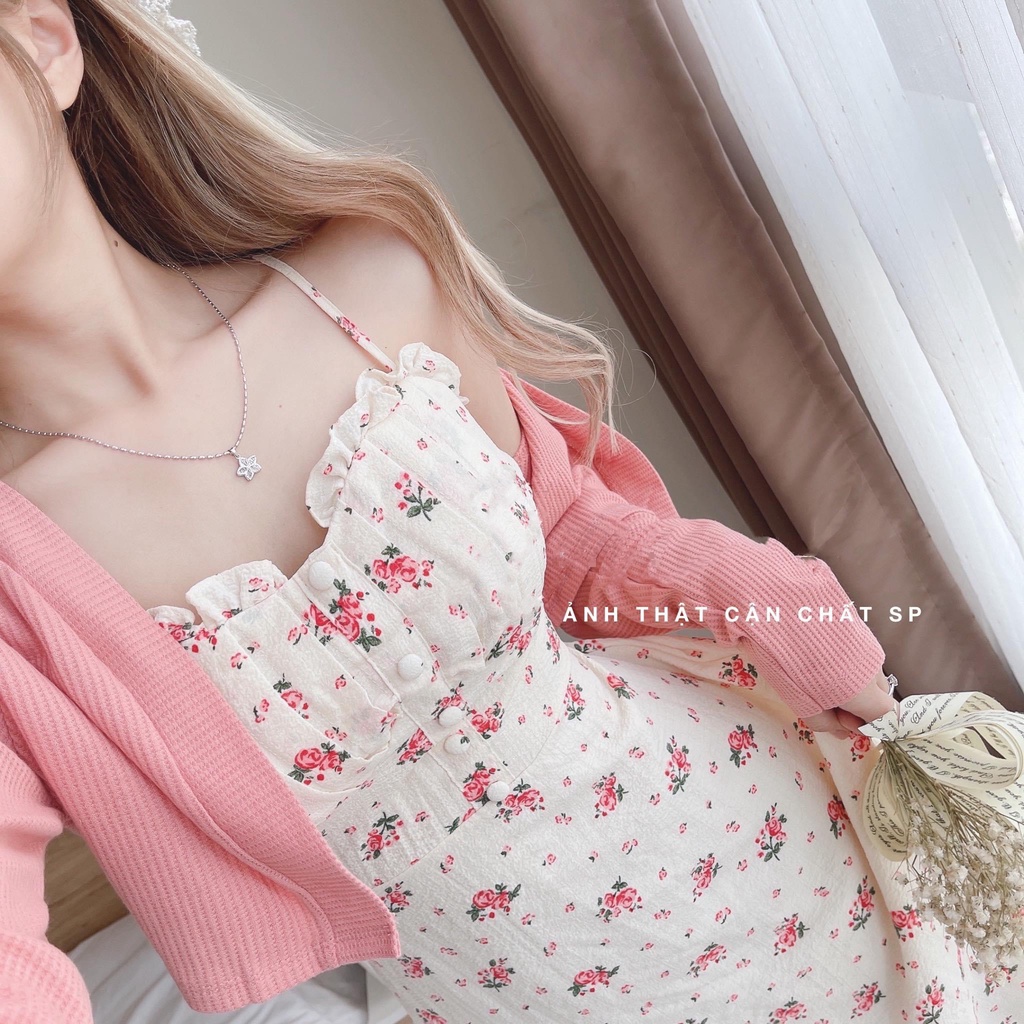Đầm Hai Dây Hoa  Kết Hợp Áo Khoác Cadigan Len Xốp Cùng Màu HT50 HaLuu Store Thích Hợp Cho Nữ