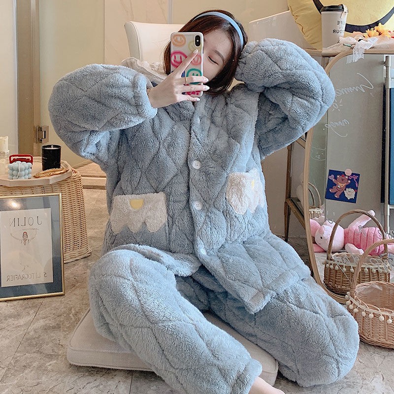 ♚☾○Cặp đôi pyjama nữ mùa thu và đông dày ba lớp chần bông dài tay ấm áp bộ đồ nam bằng vải nỉ tại nhà dịch vụ [p