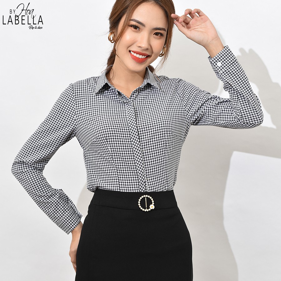 [Mã LT50 giảm 50k đơn 250k] Áo Sơ Mi Nữ HOABELLA Chất Liệu Lụa Họa Tiết Caro Có Co Giãn Màu Đen (SME01- Đen)
