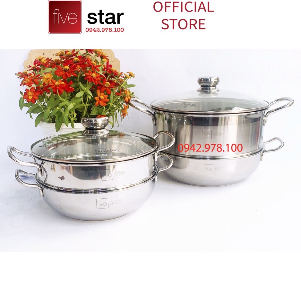 Nồi lẩu xửng hấp cao cấp FIVESTAR 3 đáy từ nắp kính 24cm / 26cm / 28cm , tặng 5 muỗng ăn