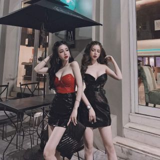 SET ÁO CÚP XẺ NGỰC CHÂN VÁY DA XỊN SÒ