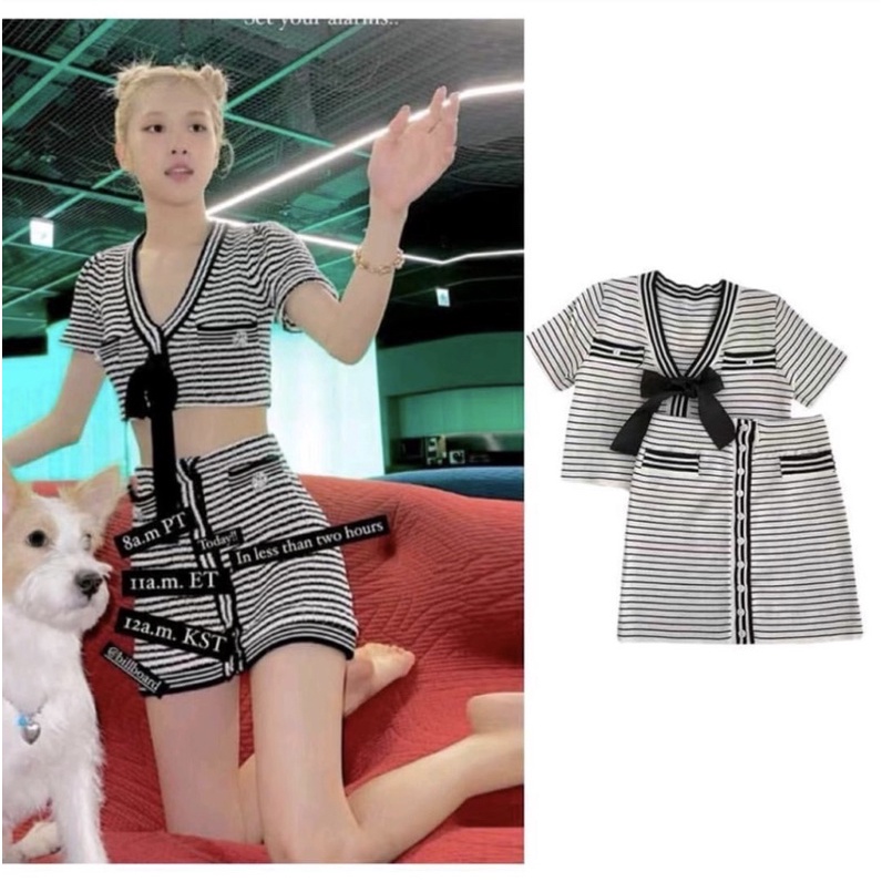 Set áo croptop nơ chân váy kẻ sọc Rosé BLACKPINK