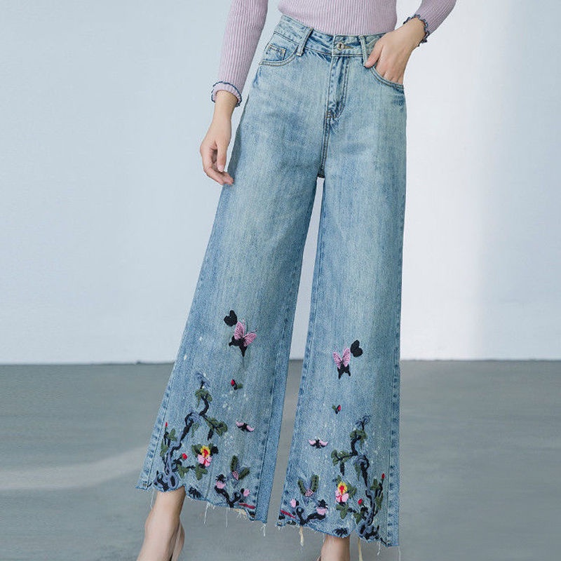 Quần Jeans Ống Loe Lưng Cao Thêu Họa Tiết Phong Cách Dân Tộc Thời Trang Mùa Hè Cho Nữ