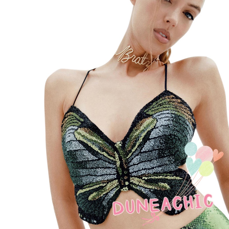 DUNEA Áo Hai Dây Cổ Yếm In Họa Tiết Bướm Quyến Rũ Cho Nữ