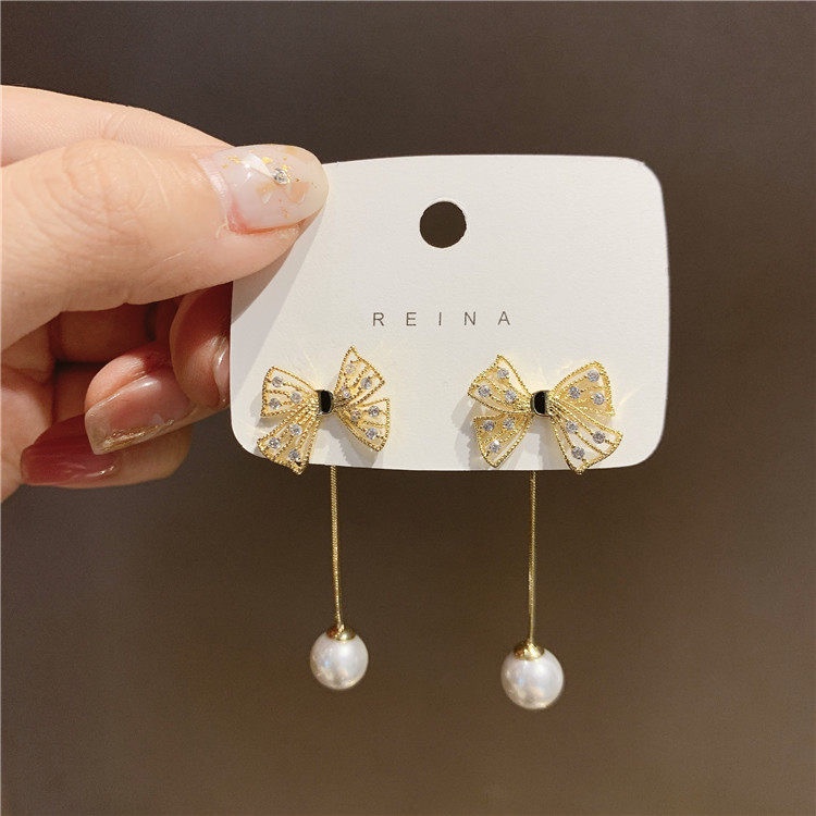 Khuyên tai bạc S925 hình nơ đính đá ngọc trai giả xinh xắn cho nữ